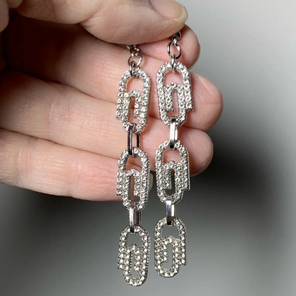 Austrian Crystal Paper Clip Dangle Earrings in Silvertone & Stainless Steel